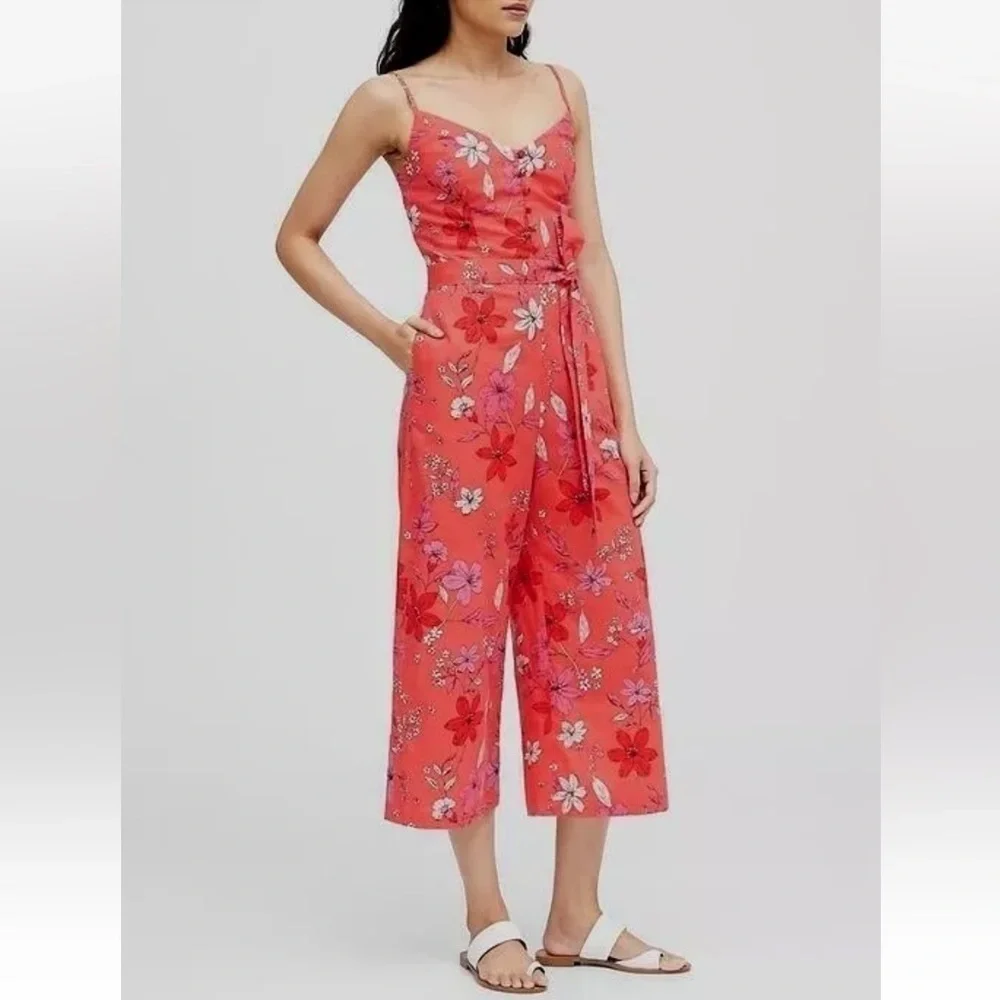 Banana Republic Cropped Linen Cotton Wide Leg Cropped Jumpsuit Red Floral Size 2